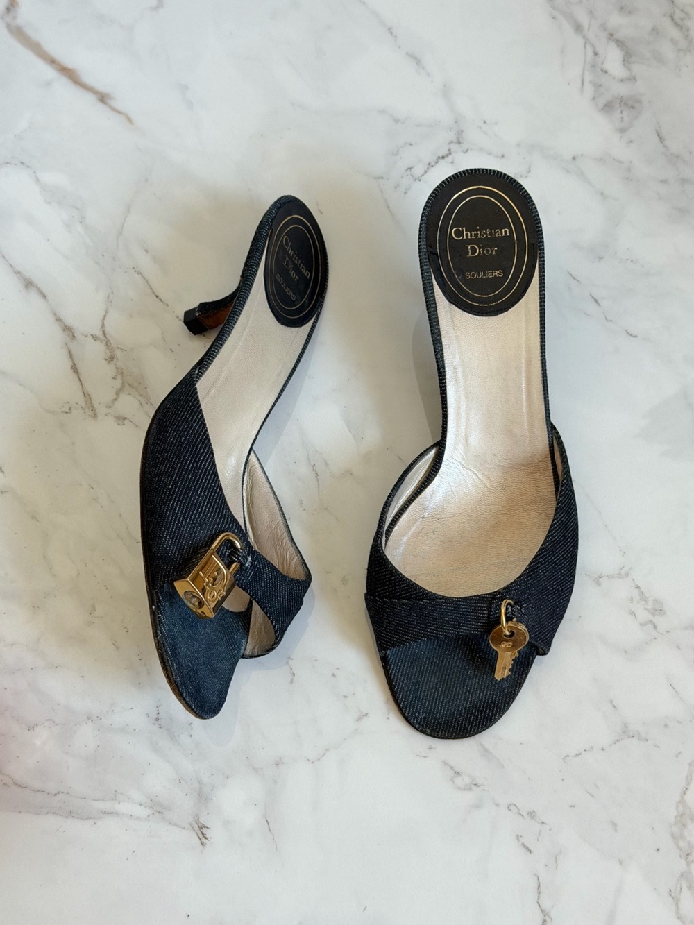 Rare Authentic Christian Dior Galliano Denim Gold Lock & Key Kitten Heel Mules
